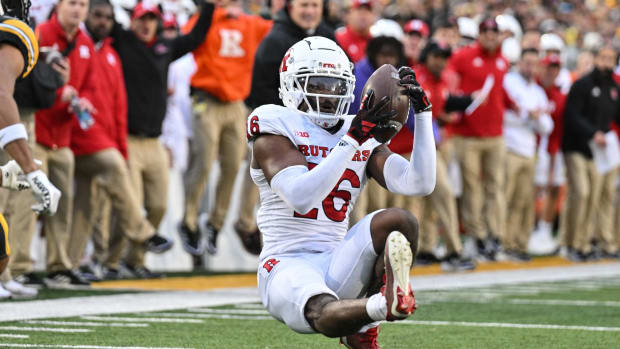 Nov 11, 2023; Iowa City, Iowa, USA; Rutgers Scarlet Knights defensive back Max Melton (16) intercepts a pass from Iowa Hawkeyes quarterback Deacon Hill (not pictured) during the second quarter at Kinnick Stadium.